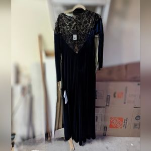 Navy Beaded Illusion Long-Sleeve Velvet Gown